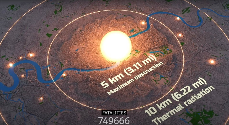 Illustration of a city map showing the impact area of a nuclear explosion, with radii indicating maximum destruction and thermal radiation zones, and a fatality count.