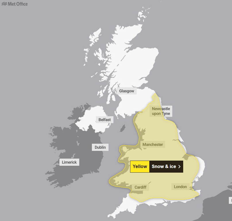 A yellow snow and ice warning is in place from noon on Saturday until midnight on Sunday