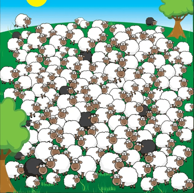 Illustration of a large flock of sheep with several black sheep among them.