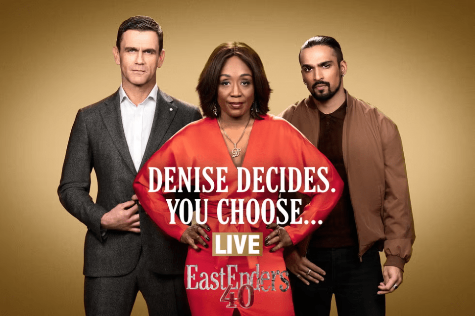 Promotional image for EastEnders 40th anniversary: Denise decides, you choose. Live.