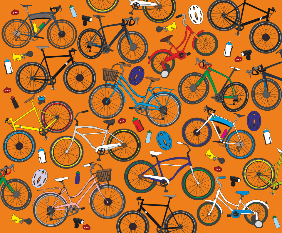 Illustration of many bicycles and cycling accessories on an orange background.