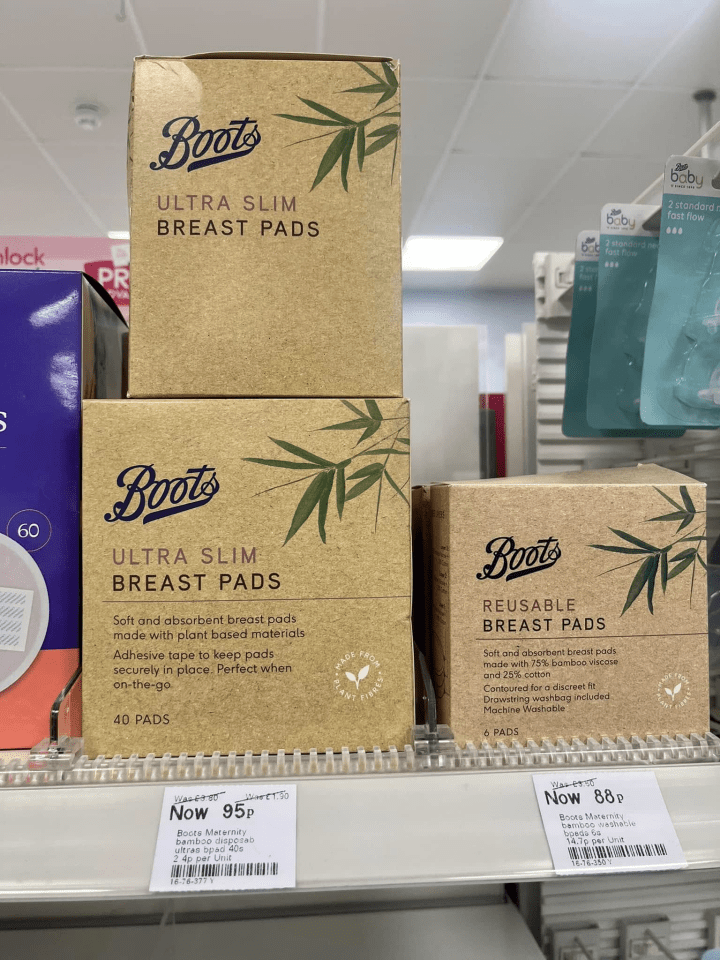 Boots brand ultra slim and reusable breast pads on a store shelf.