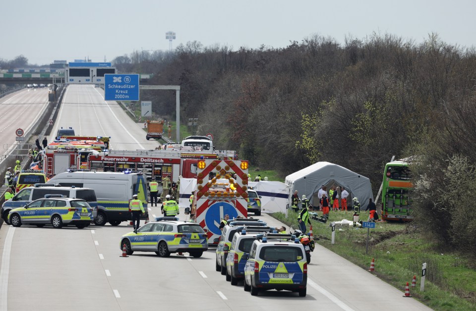 Emergency vehicles at a highway accident scene.