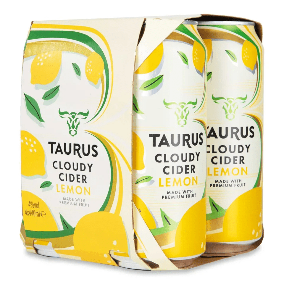 Four-pack of Taurus Cloudy Cider Lemon.