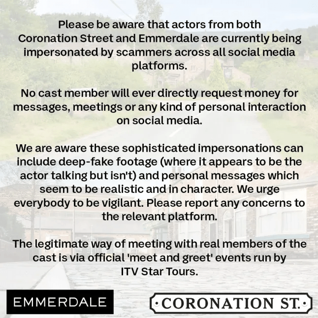 Warning about scammers impersonating Coronation Street and Emmerdale actors online.