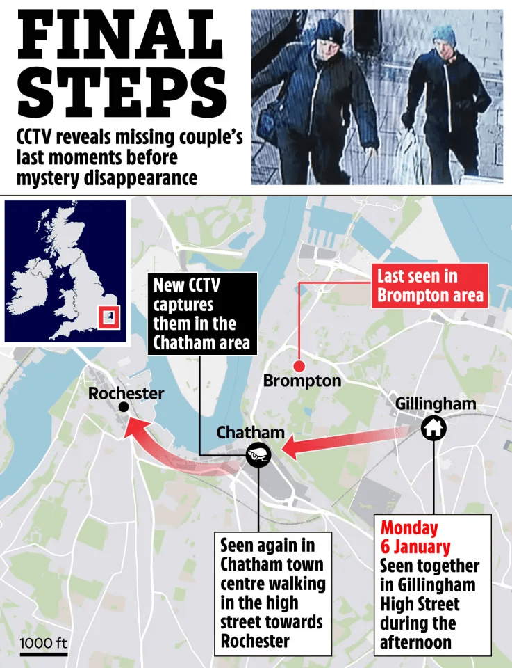 CCTV footage and map showing a missing couple's last known movements.