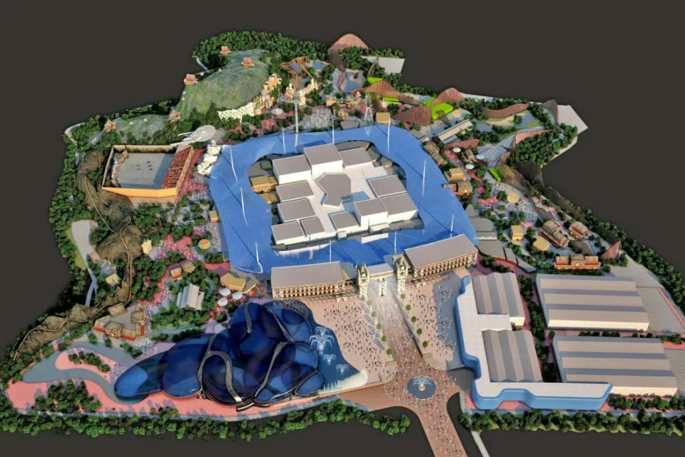 Aerial illustration of a theme park design.