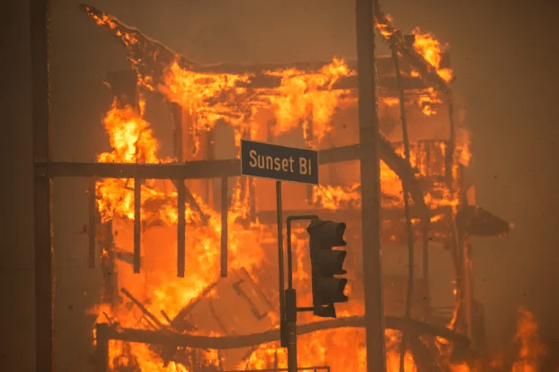 Building engulfed in flames on Sunset Blvd.