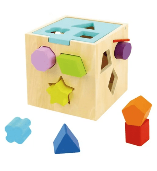 Wooden shape sorter toy with colorful blocks.