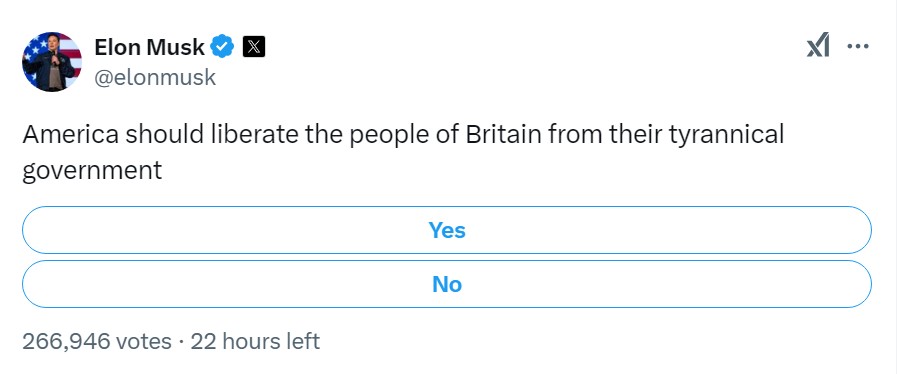 Elon Musk's Twitter poll asking if America should liberate Britain from its government, with 266,946 votes and 22 hours remaining.