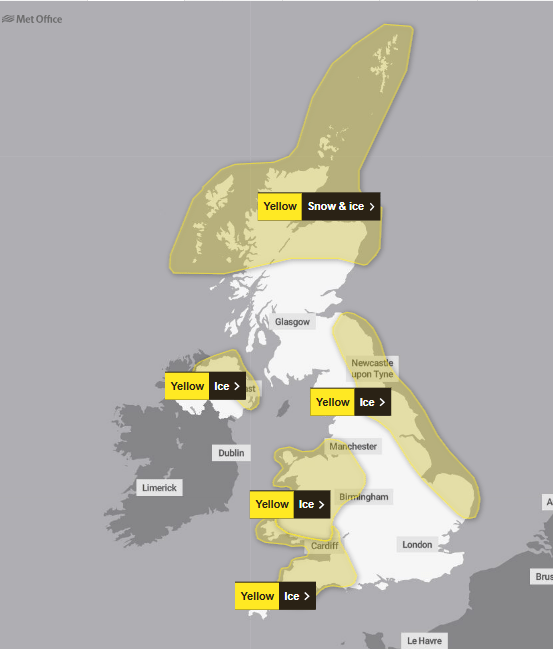 UK weather warning map showing yellow alerts for snow and ice in Scotland and ice in parts of England and Wales.