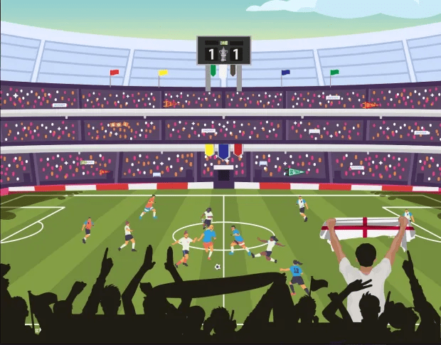 Illustration of a soccer game in a full stadium with a fan holding an England flag.