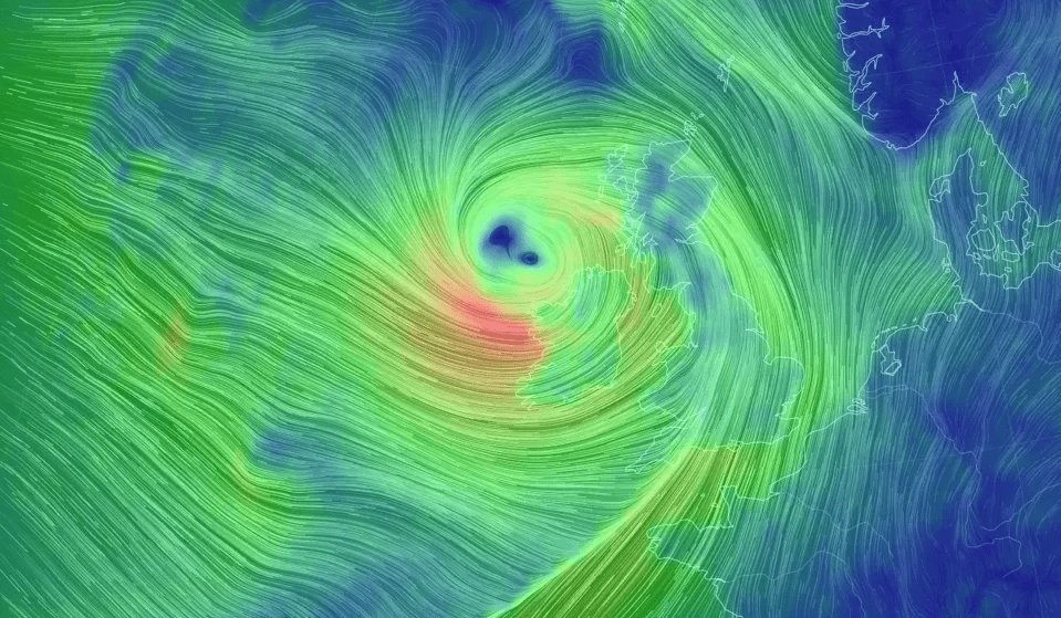 Weather map showing a cyclone over the British Isles.