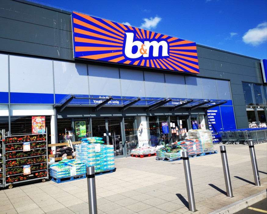 B&M Bargains store exterior with merchandise displayed outside.