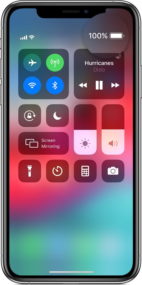 iPhone screen showing 100% battery, control center, and music player.