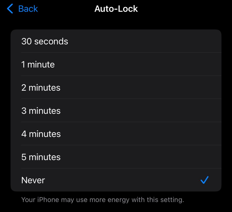 iPhone auto-lock settings: 30 seconds, 1-5 minutes, Never.  "Never" selected.