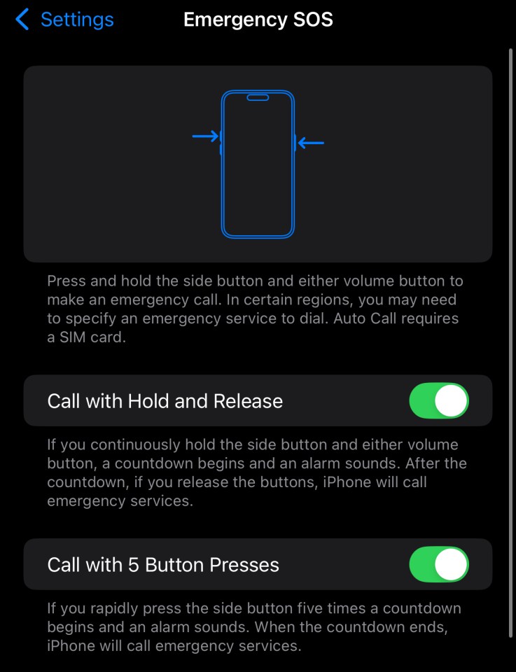 Illustration of iPhone Emergency SOS settings: how to make an emergency call by pressing buttons.