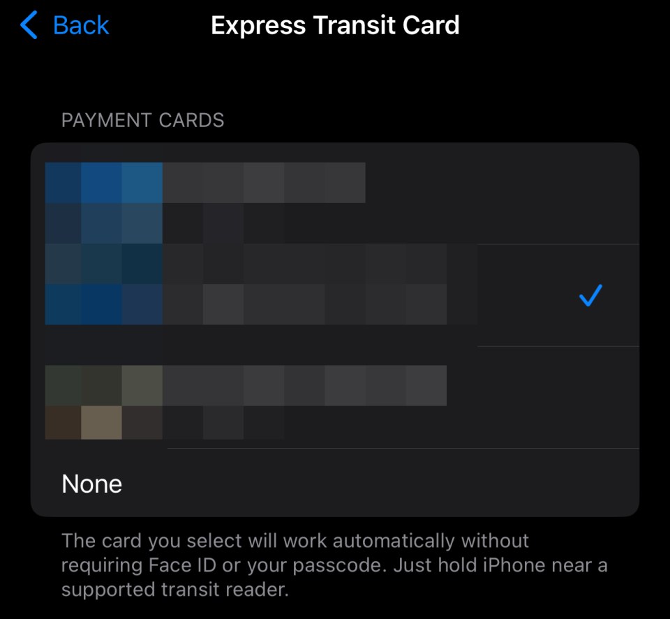 iPhone Express Transit Card payment selection screen.  A card is selected.