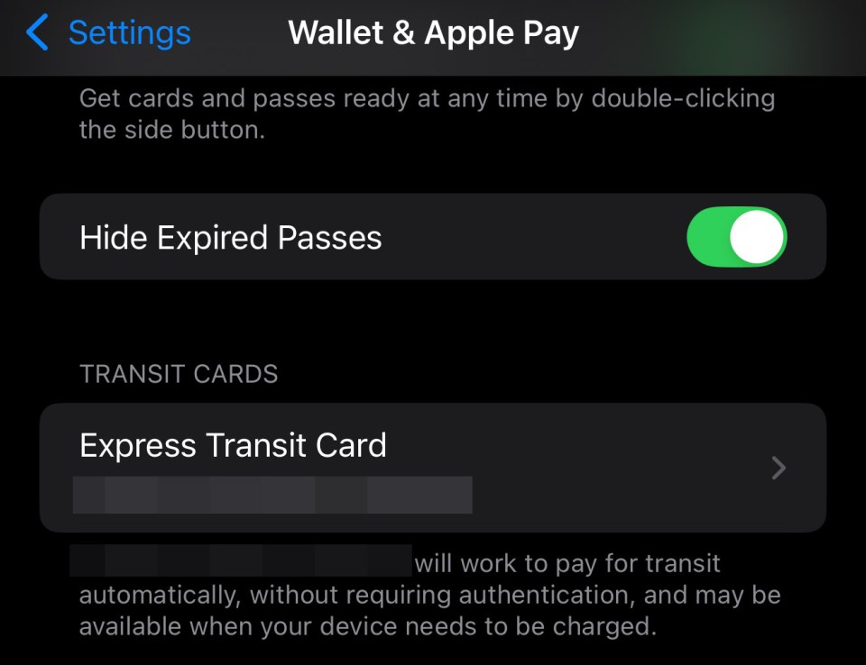 iPhone Wallet & Apple Pay settings: Hide expired passes toggle and Express Transit Card details.