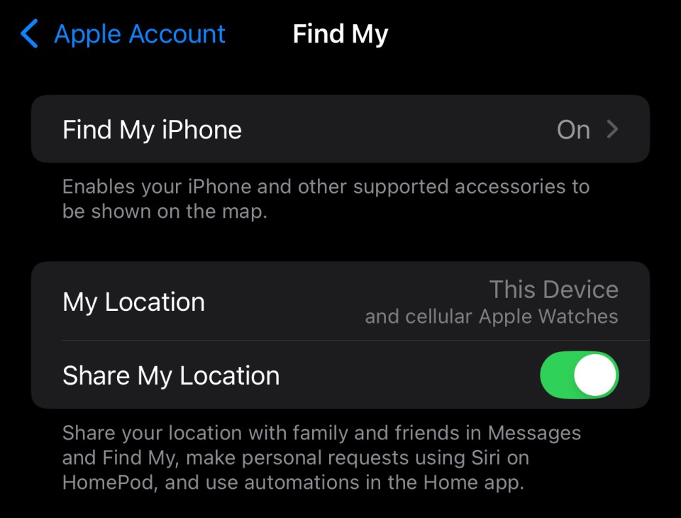 iPhone Find My settings showing location sharing is off.