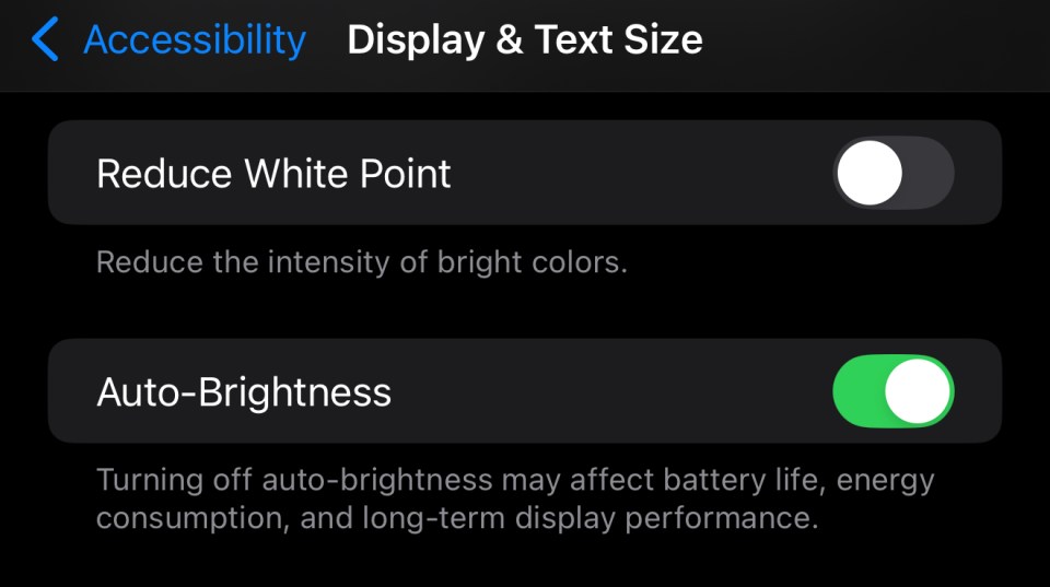 iPhone accessibility settings showing Reduce White Point and Auto-Brightness toggles.