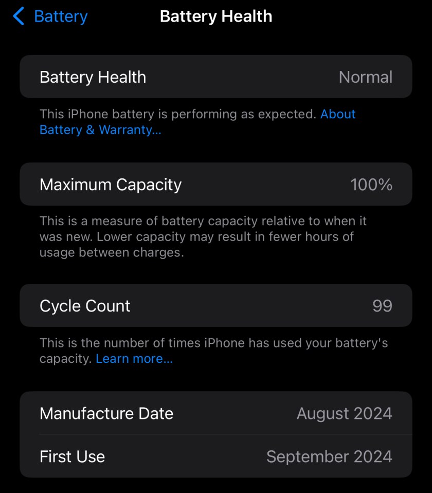 iPhone battery health report: normal, 100% maximum capacity, 99 cycle count.