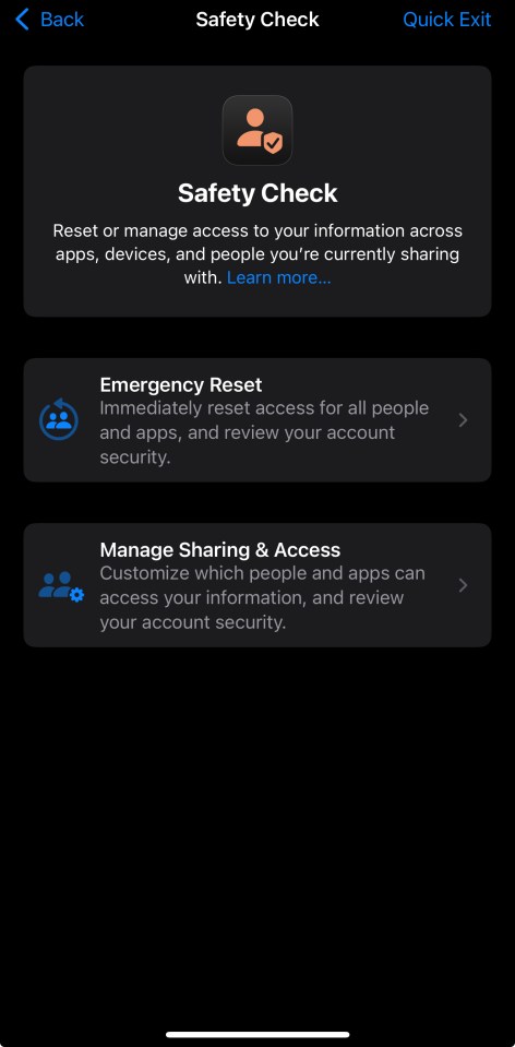 iPhone Safety Check screen showing options to reset access for all people and apps, and to manage sharing and access.