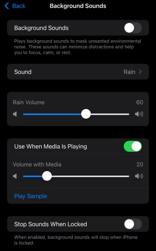 iPhone screen showing background sounds settings.