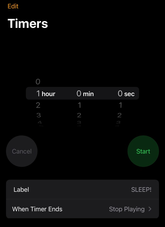 iPhone timer set for 1 hour, with options to cancel or start.