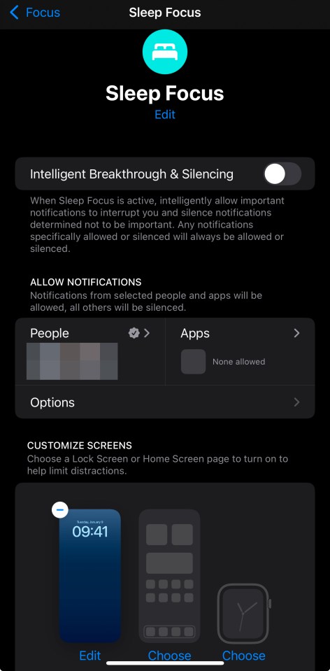 iPhone Sleep Focus settings.