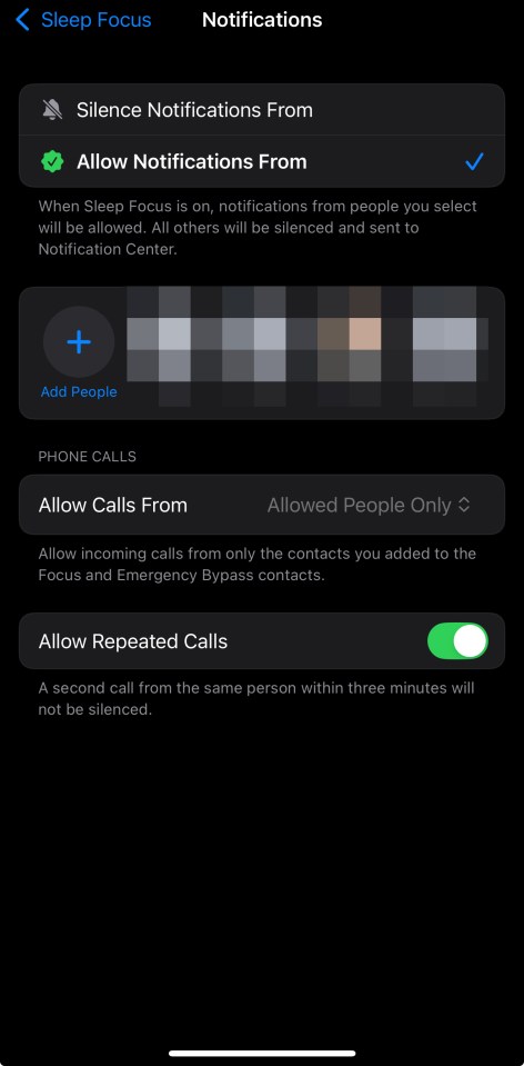 iPhone Sleep Focus settings: allow/silence notifications and calls.