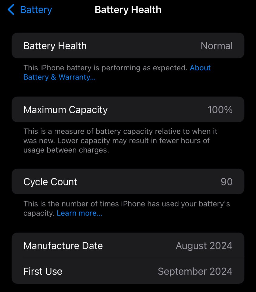 iPhone battery health: normal, 100% maximum capacity, 90 cycle count.