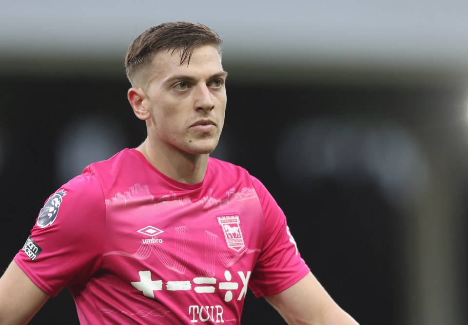 Liam Delap of Ipswich Town in a pink jersey.