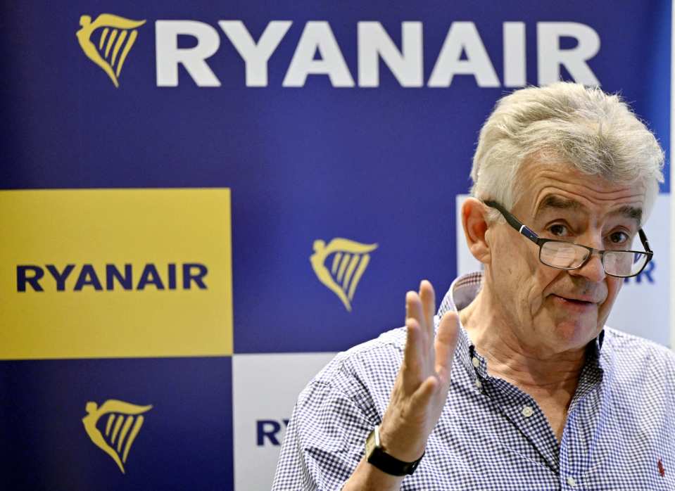 Michael O'Leary, Ryanair CEO, gesturing at a press conference.