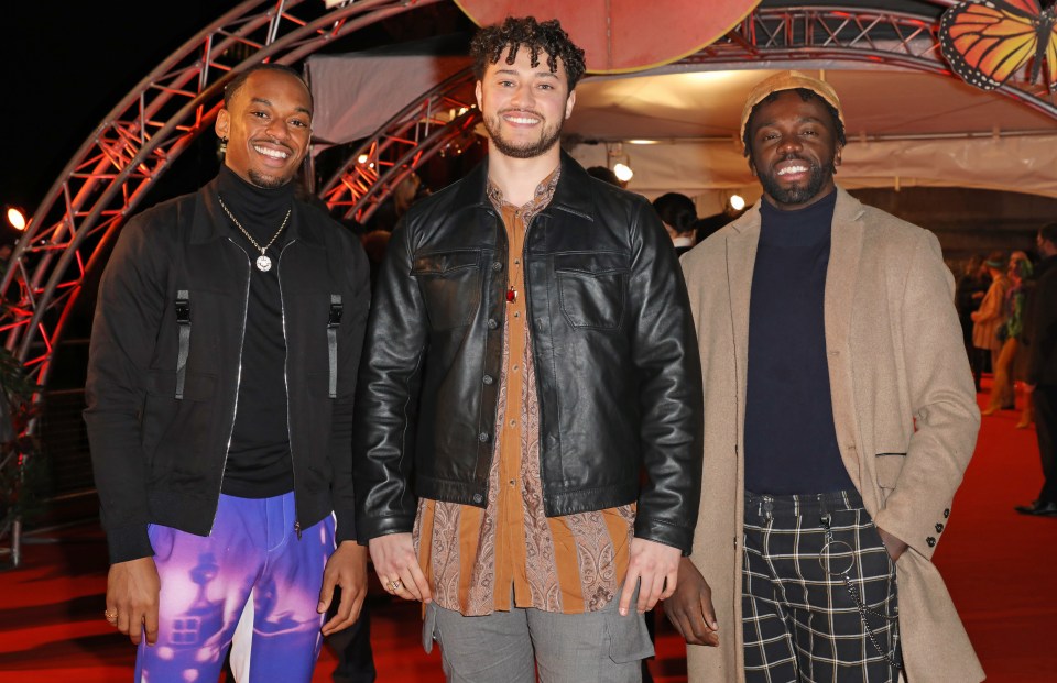 Three members of the band Rak-Su at the London premiere of Cirque du Soleil's LUZIA.