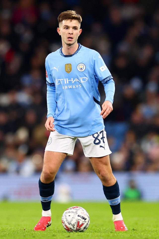 James McAtee of Manchester City in action during an FA Cup match.