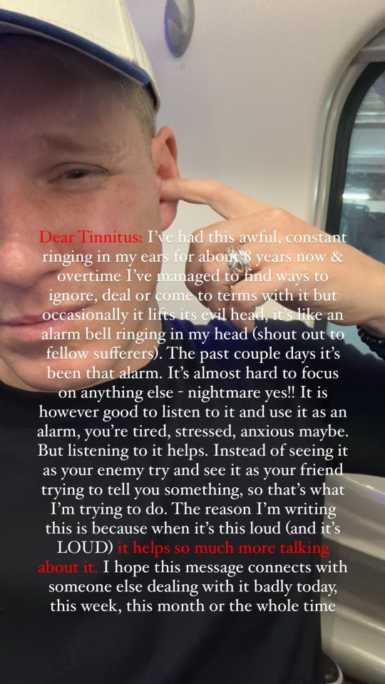 Person holding their ear, text overlay discusses tinnitus.