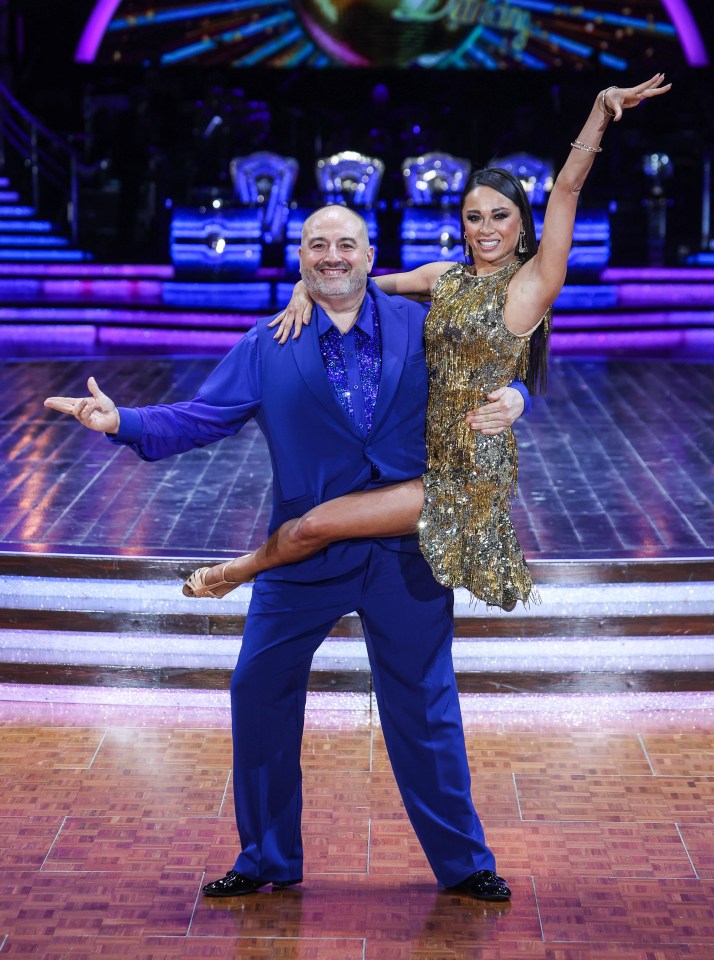 Janette Manrara and a male partner in blue suit during the Strictly Come Dancing Live Tour 2025 photocall.