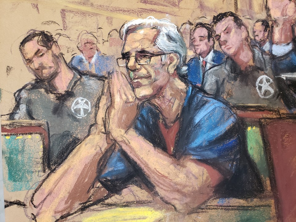 Courtroom sketch of Jeffrey Epstein at a bail hearing.