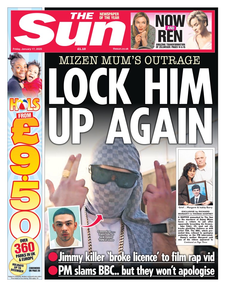 The Sun newspaper front page; headline: "Lock Him Up Again," about the Jimmy Mizen killer.