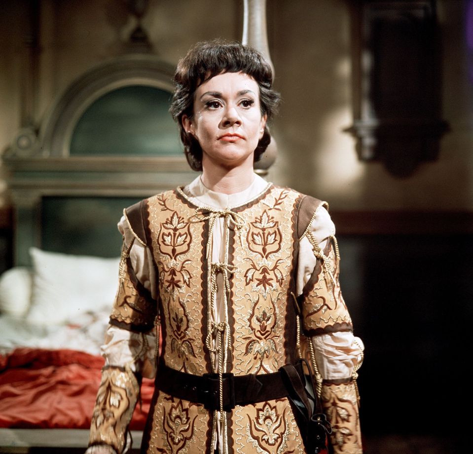 Joan Plowright in a theatrical production of Twelfth Night.