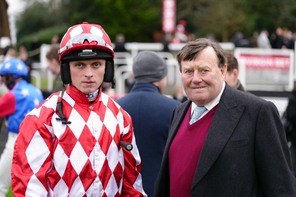 Jockey James Bowen and trainer Nicky Henderson at Sandown Park Racecourse.