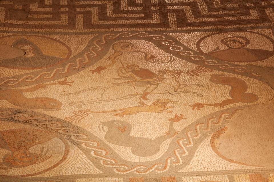 Roman mosaic floor detail showing figures and animals.