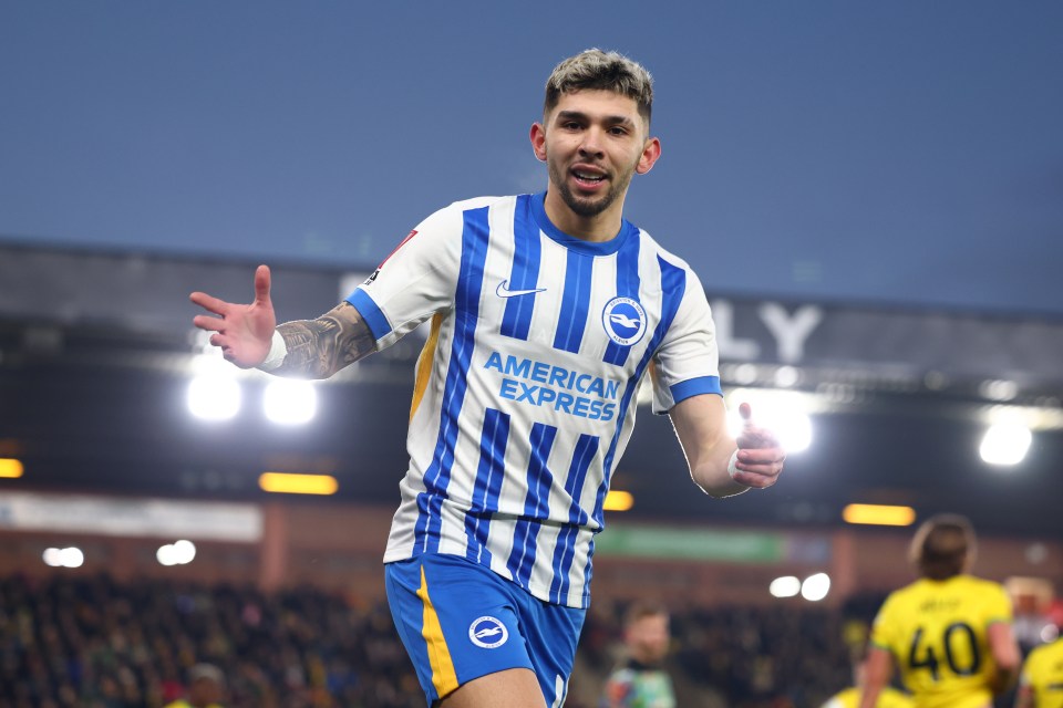 Julio Enciso of Brighton & Hove Albion celebrating a goal.