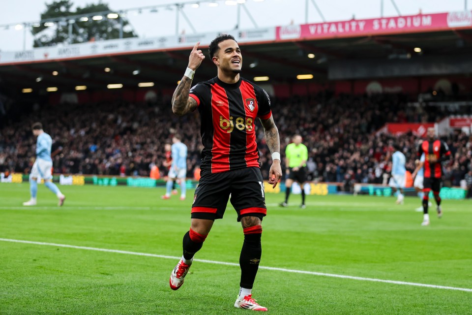 Justin Kluivert of Bournemouth celebrating a goal.