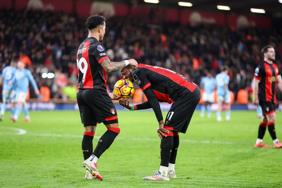 Justin Kluivert playfully hands the match ball to Dango Ouattara after a hat trick.