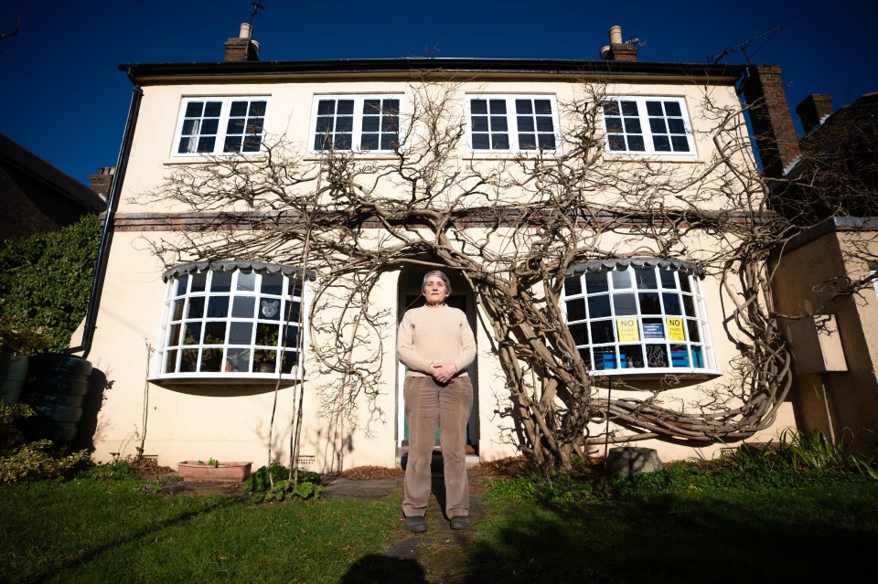 A woman stands in front of her house, which has "NO THIRD RUNWAY" signs in the window.