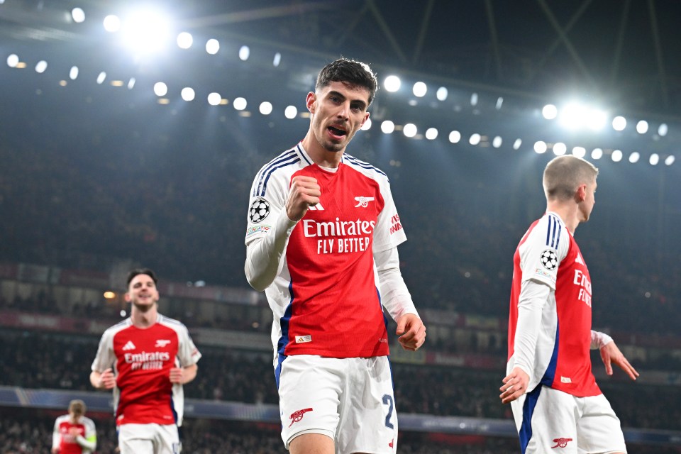 Kai Havertz of Arsenal celebrates scoring a goal.