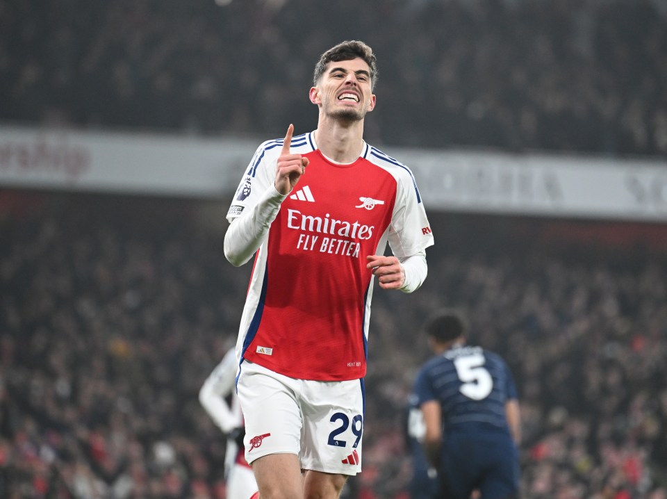 Kai Havertz celebrates scoring a goal for Arsenal.