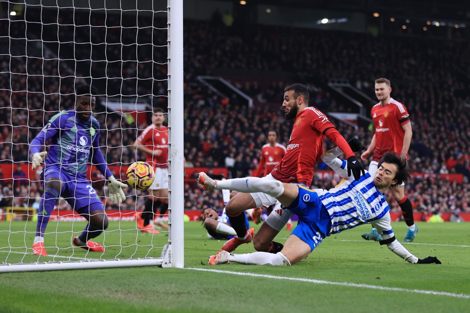 Kaoru Mitoma scoring a goal for Brighton against Manchester United.